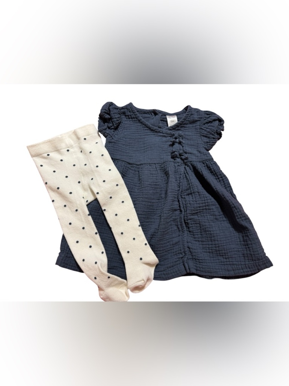 NWOT Carter's Baby Girl 2pc Navy Muslin Dress Polka Dot Tights Set 12M Cute